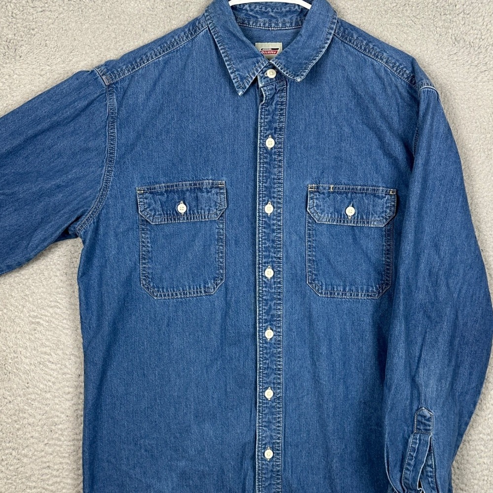 Dickies Shirt Mens Large Denim Long Sleeve Button Down Blue Workwear Pockets